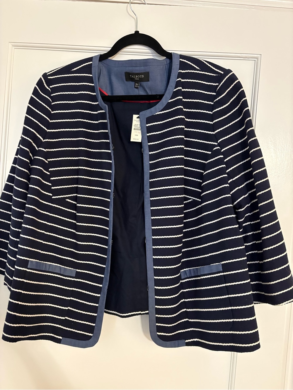 Talbots Navy and White Striped Collarless Jacket 16W
